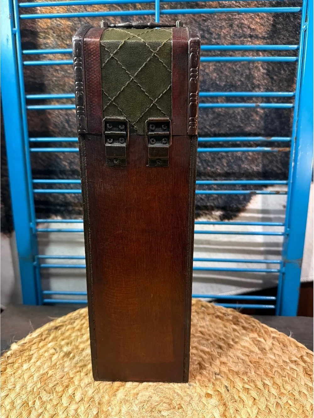 Vintage Wooden and Leather Decorative Box with Metal Handle and Lock